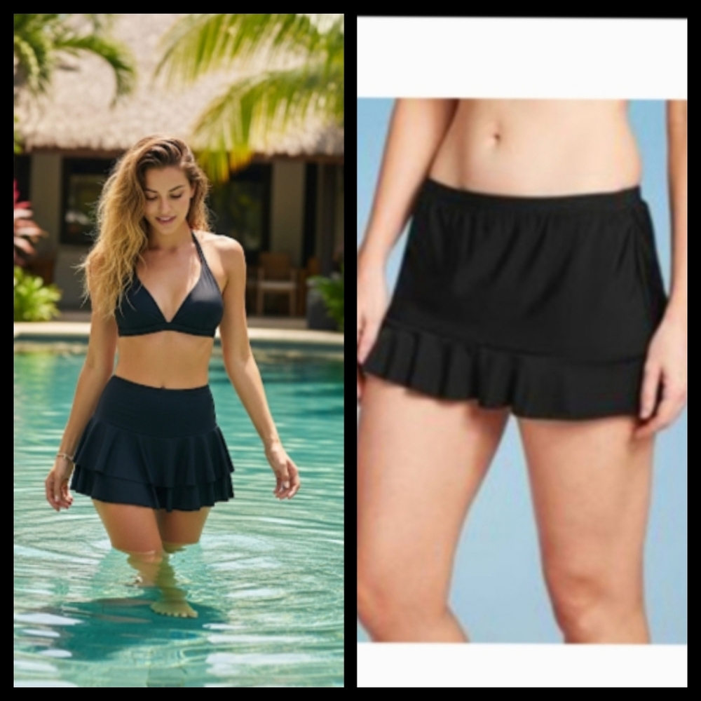 NWT Black Swim Ruffle Skirt Size W24 by Aqua Green●